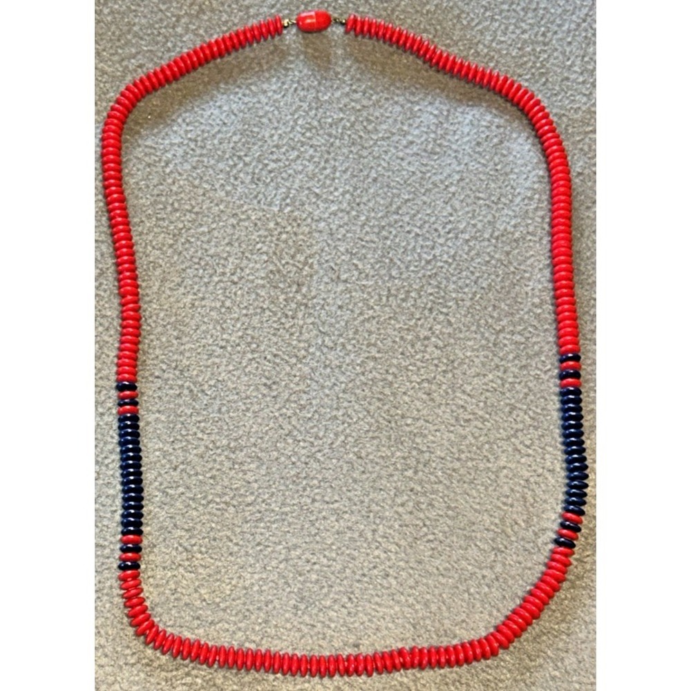 VTG Red & Blue Plastic‎ Beaded Necklace Costume Jewelry Retro 35"
